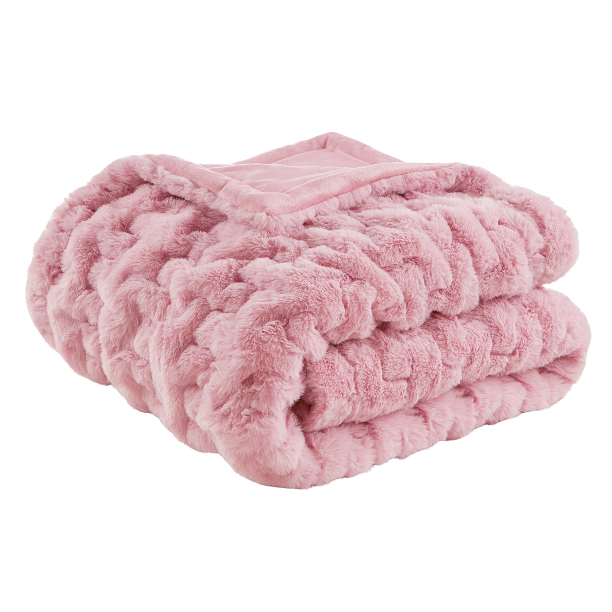 Madison Park Ruched Luxury Throw Premium Soft Cozy Brushed Long Faux Fur for Bed, Couch or Sofa, 50"x60", Pink Image