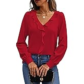 Halife Womens Dressy Casual Blouses Long Sleeve Business Tops Ruffle V Neck Trendy Work Shirts