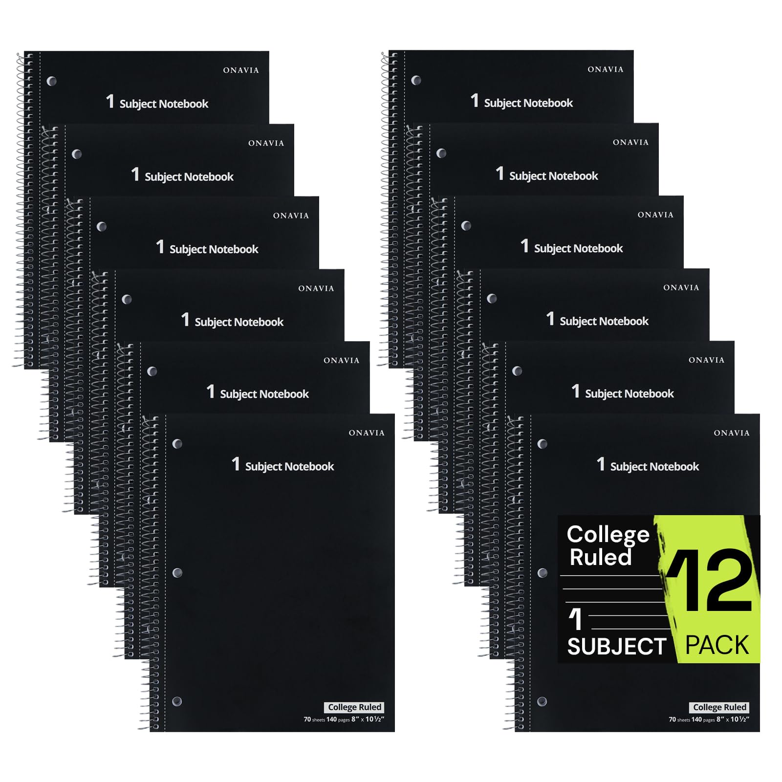 Photo 1 of ONAVIA Spiral Notebook for School 12 Pack, 1 Subject, College Rule Paper, 70 Sheets, 3 Hole Punched, 8" x 10-1/2", Lined Note Book Bulk, Writing Journal for Note Taking, Work, School Supplies, Black