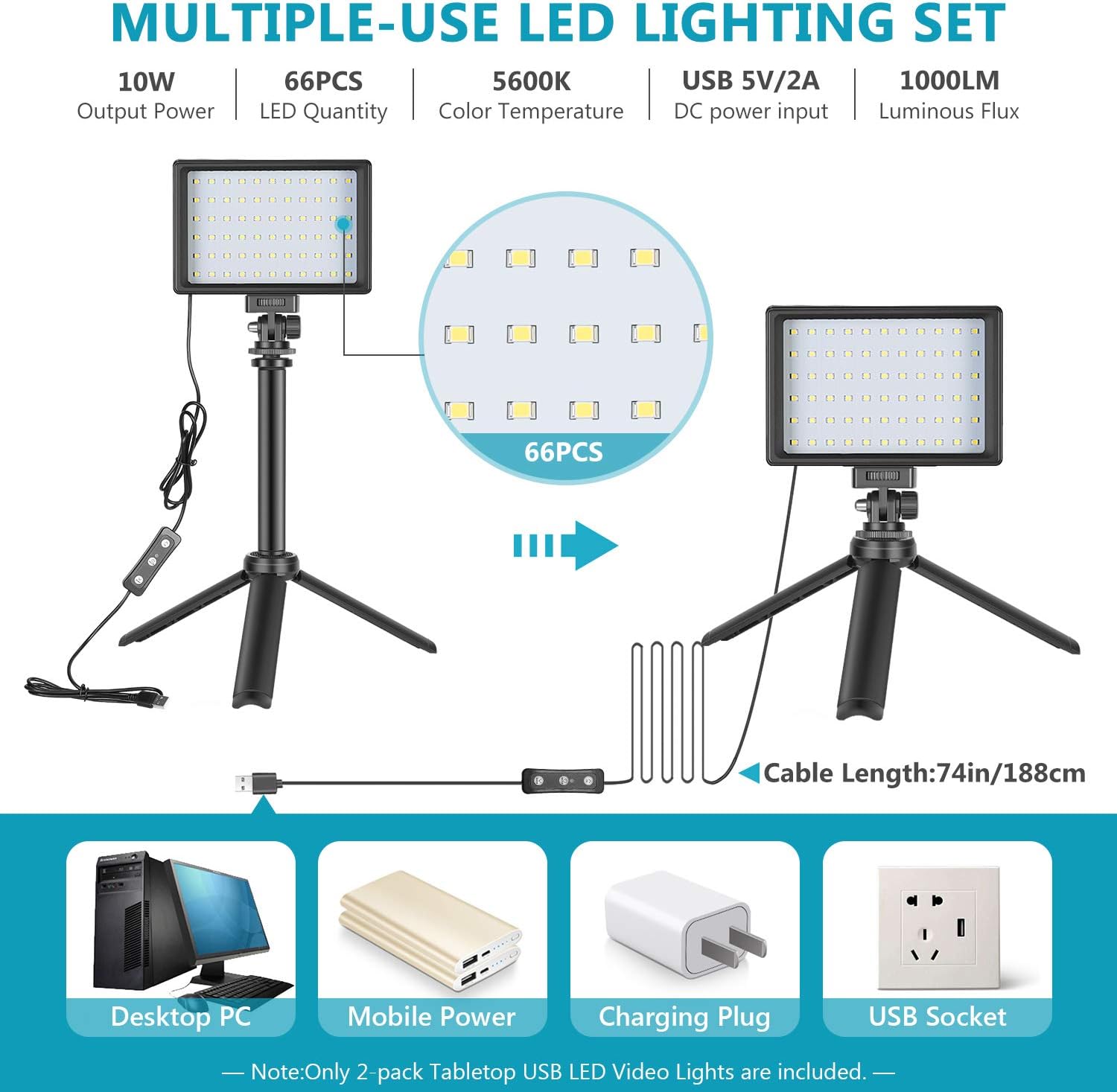 Neewer 2 Packs Portable Photography Lighting Kit Dimmable 5600K USB 66 LED Video Light with Mini Adjustable Tripod Stand and Color Filters for Table Top/Low Angle Photo Video Studio Shooting : Camera & Photo