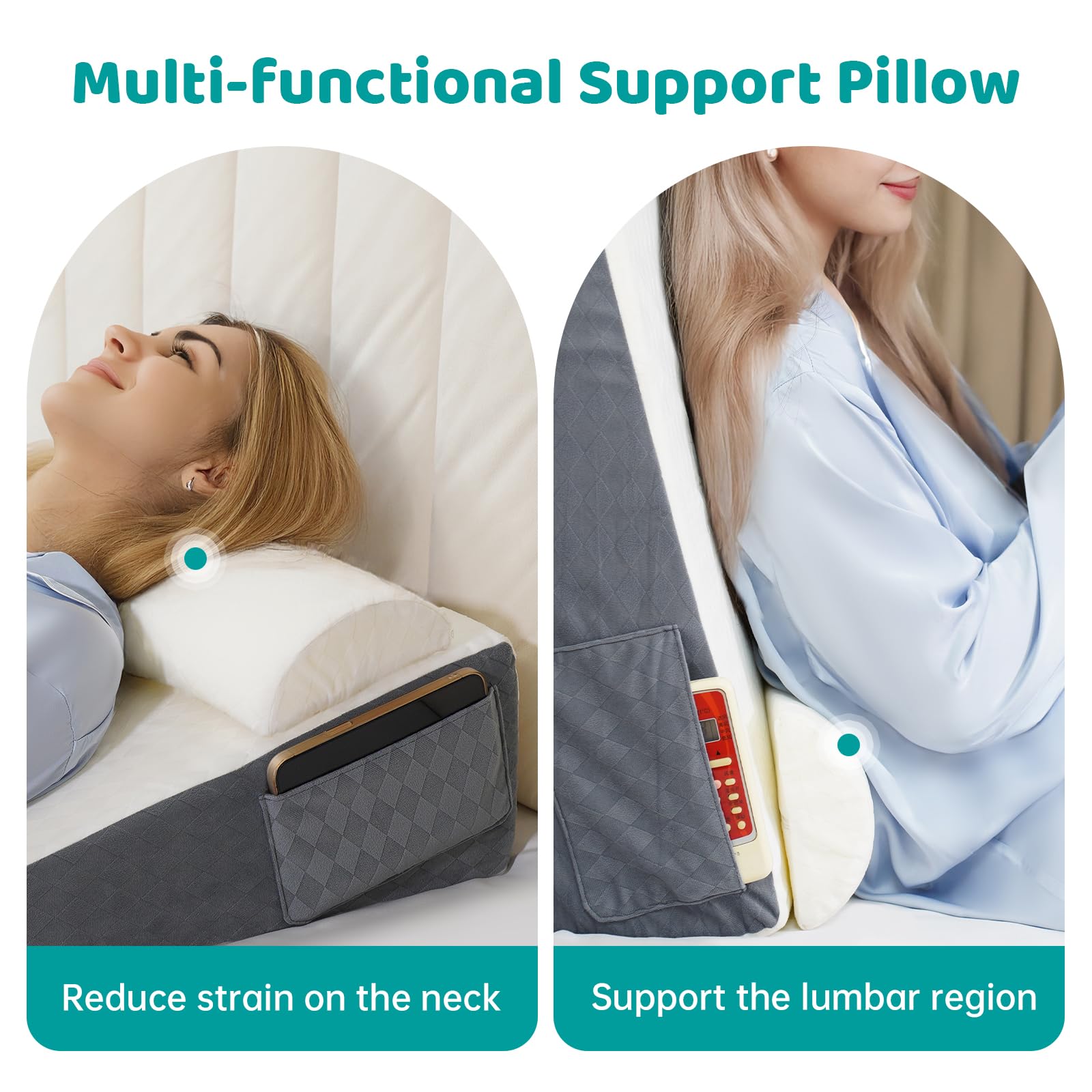 Memeluckon Bed Wedge Pillow for Sleep Apnea, 22''x22''x7'' Triangle Wedge Pillow with Neck Pillow for Sleeping, Acid Reflux, Back Pain Relief, Post Surgery, GERD, Bed Wedge Pillow for Sleep Apnea
