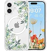 RALEAVO for iPhone 17 Case Compatible with MagSafe Clear Floral Cover with Green Leaves Pattern for Girls Women Slim Cute Hard Back Shockproof Phone Case for iPhone 17,Transparent