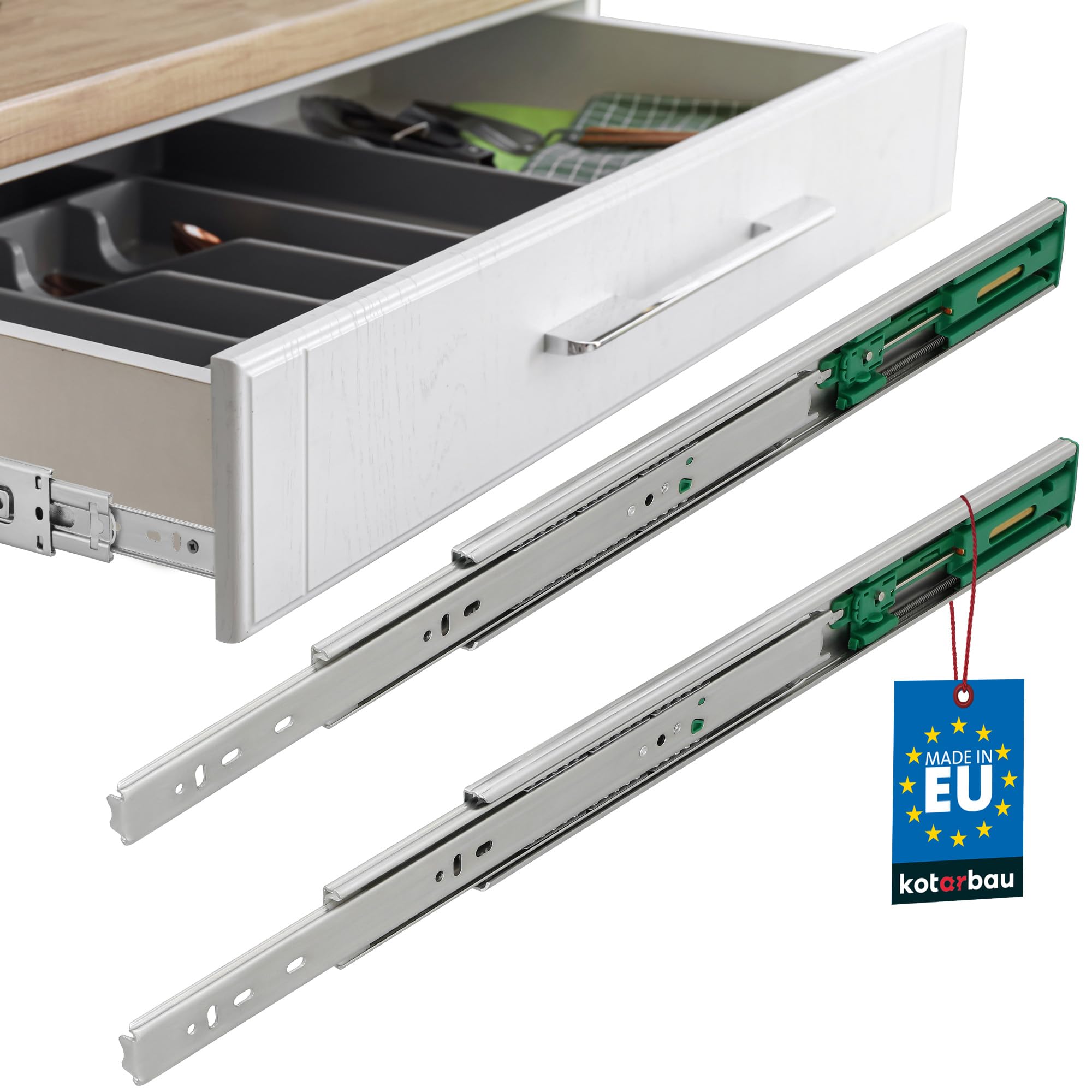 KOTARBAU® Drawer Runners, Full Extension, Drawer Runners, 400 mm, Self-Closing, Steel Drawer Runners, Soft Close Pull-Outs, Drawer Runners for Drawers, Full Extension, Telescopic Rails