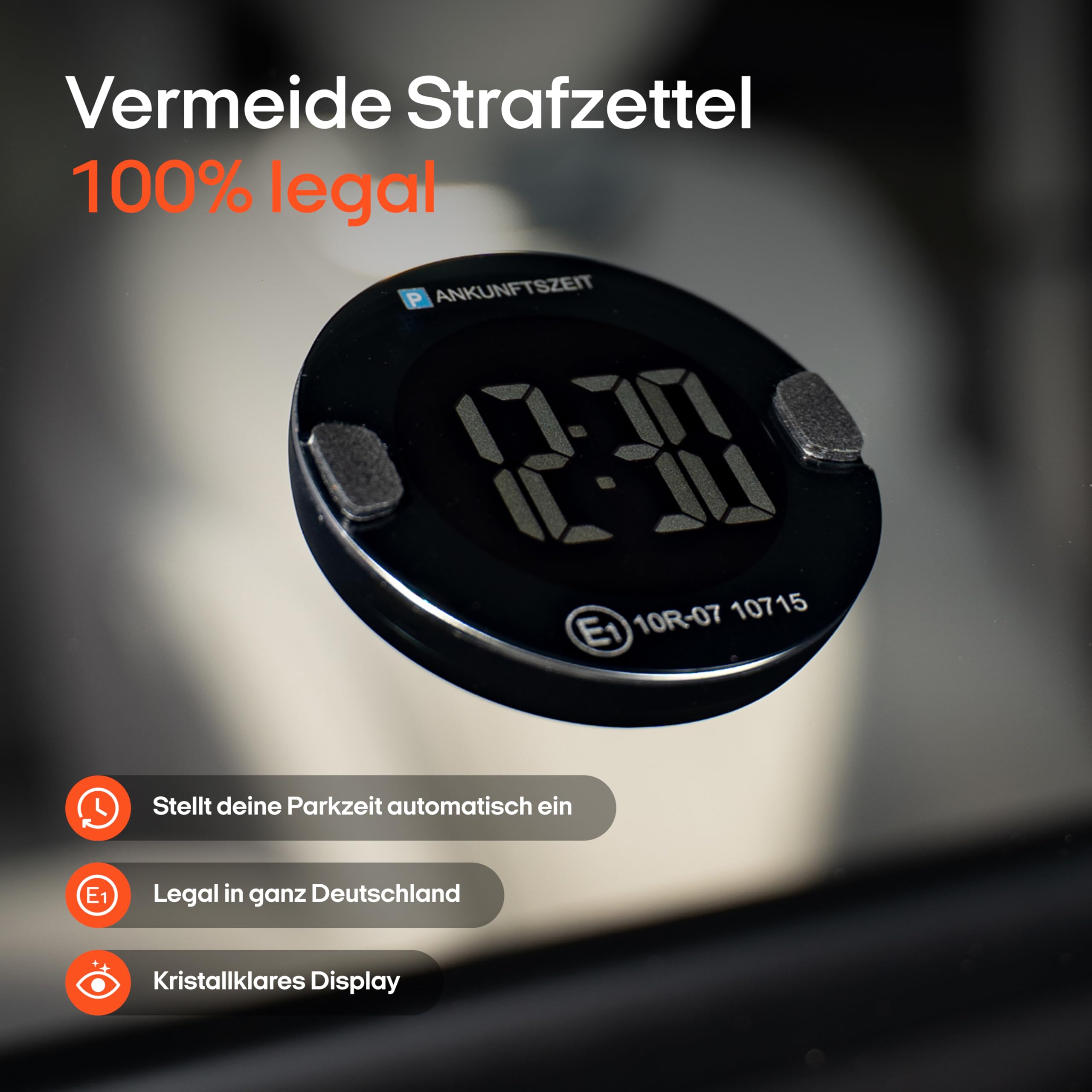 OOONO P-DISC NO4 – Elektronische Parkscheibe im kompakten Design mit automatischer Zeiteinstellung, Hochkontrast-Display & bis zu 3 Jahren Batterielaufzeit (Schwarz) 2