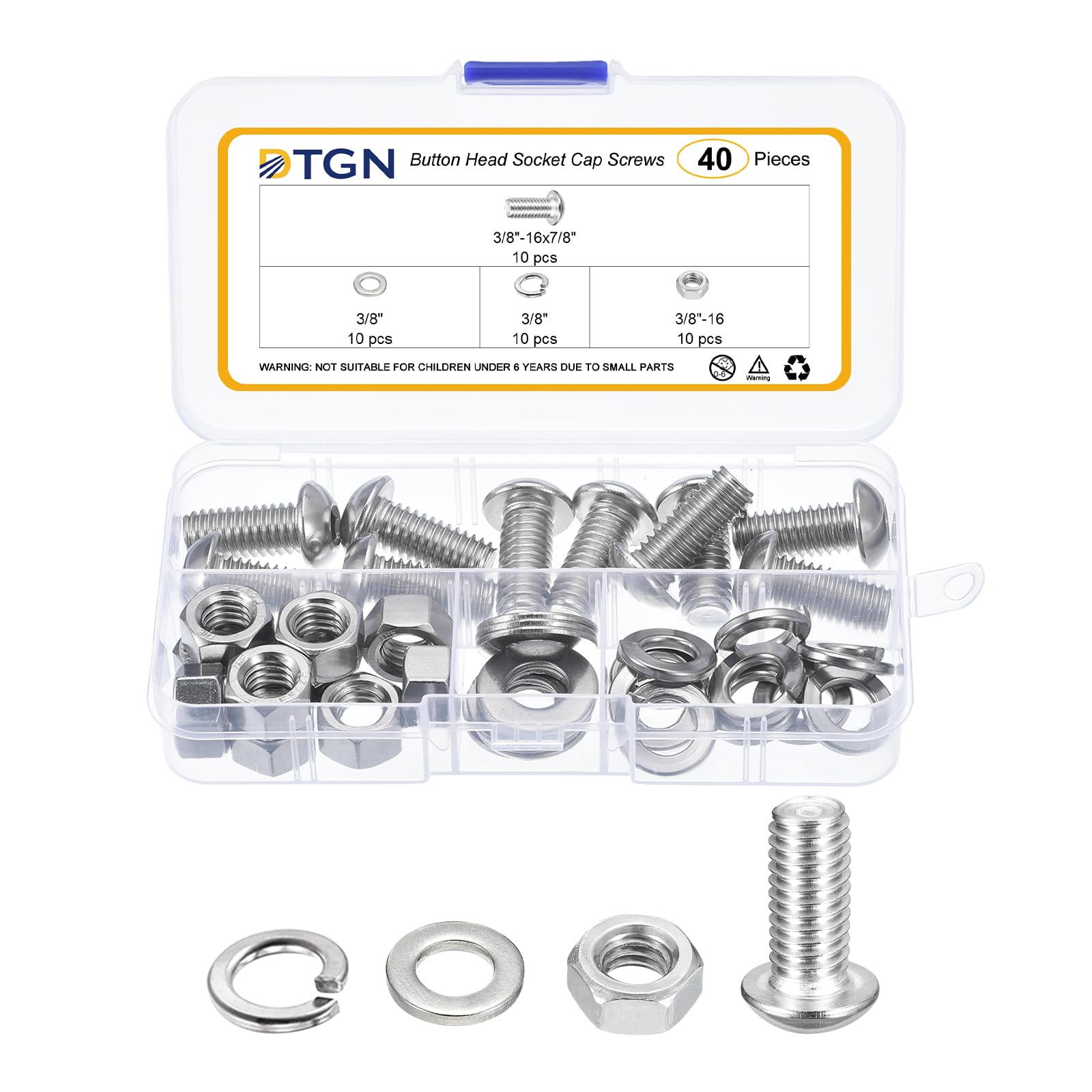 DTGN 40Pcs 3/8-16x7/8" Button Head Socket Cap Screws - 304 Stainless Steel Bolt Nut Set Washer Assortment Kit - Good for Road Bicycle, Mountain Bike, Auto
