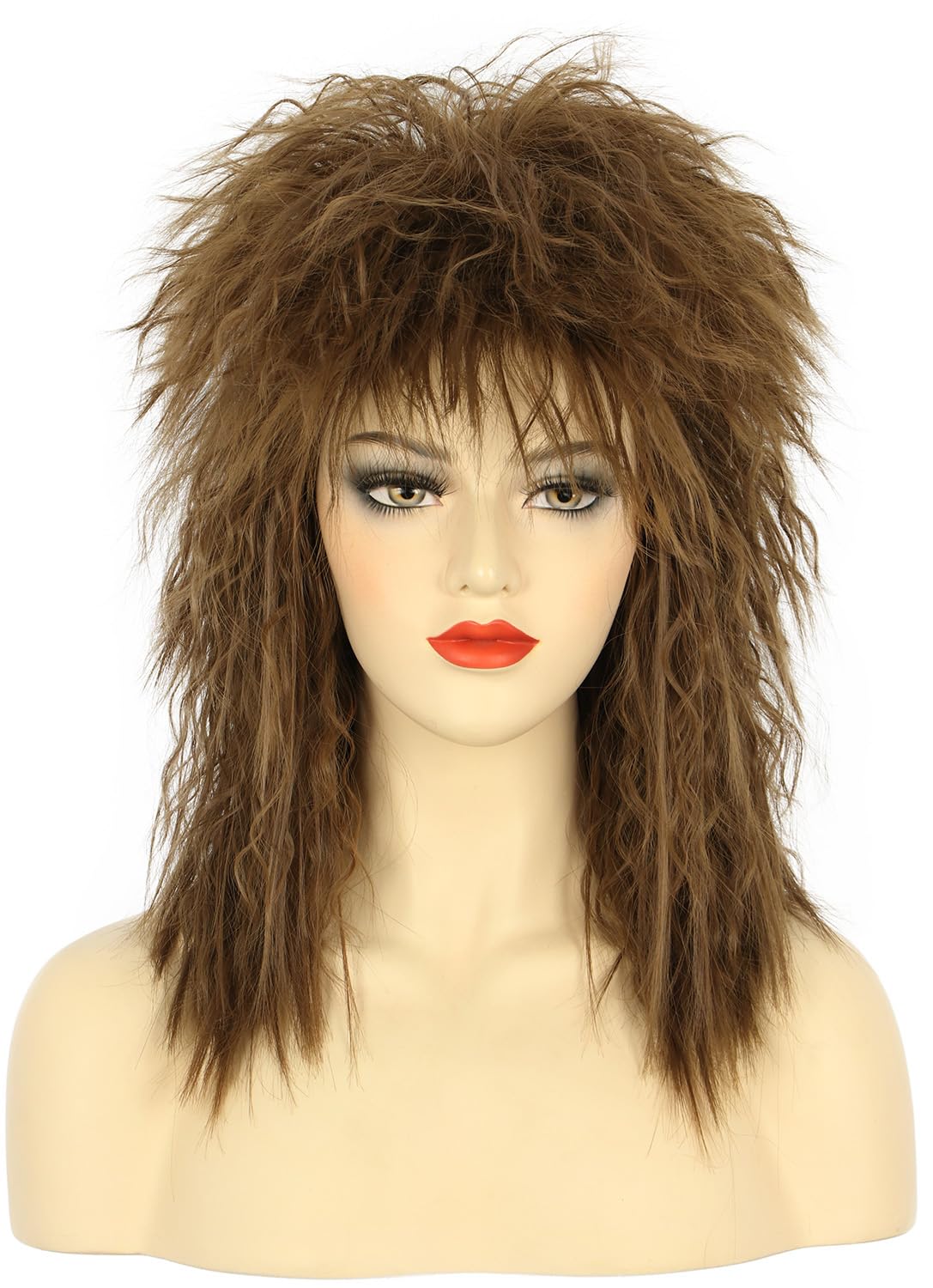 karlery Women Men Long Curly Brown Wig 70s 80s Rocker Mullet Costume Halloween Cosplay Party Wig