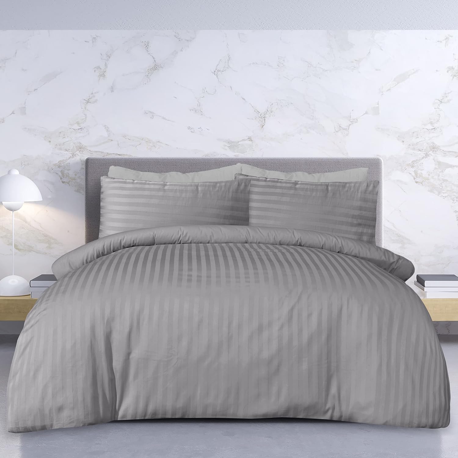 Sleepdown Premium Hotel Quality 100% Cotton Satin Stripe Duvet Cover Set with Pillowcases Quilt Bedding Soft Easy Care Luxury Bed Linen - Grey - Double (200cm x 200cm)
