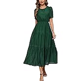 Kormei Women's Summer Casual Short Sleeve Round Neck Eastic Waist Tiered Boho Plain Beach Flowy Maxi Dress