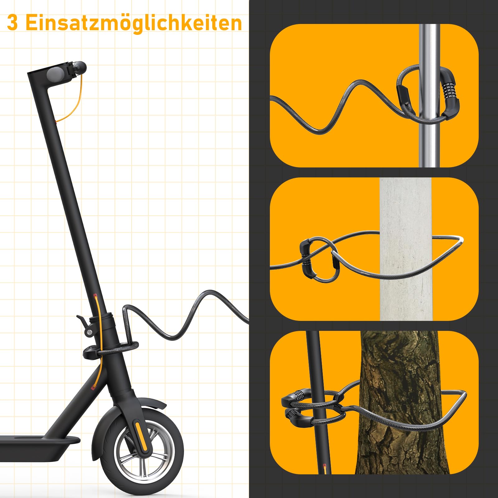 Honszex E Scooter Schloss, 5-stellig Kabel Schloss für E Scooter/Roller, Handschellenschloss, Zahlenschloss-Doppelschloss, Fahrradschloss, 105cm x 12mm, E Scooter Zubehör 7