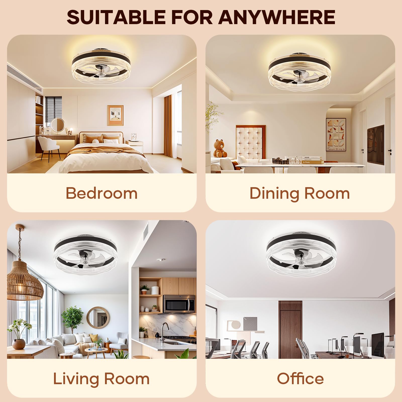 kejector Low Profile Ceiling Fan with Light,20 Inch Fandelier Ceiling Fans with Lights and Remote App Control,360°Oscillation Bladeless Flush Mount LED Fan Light for Bedroom Living Dining Room
