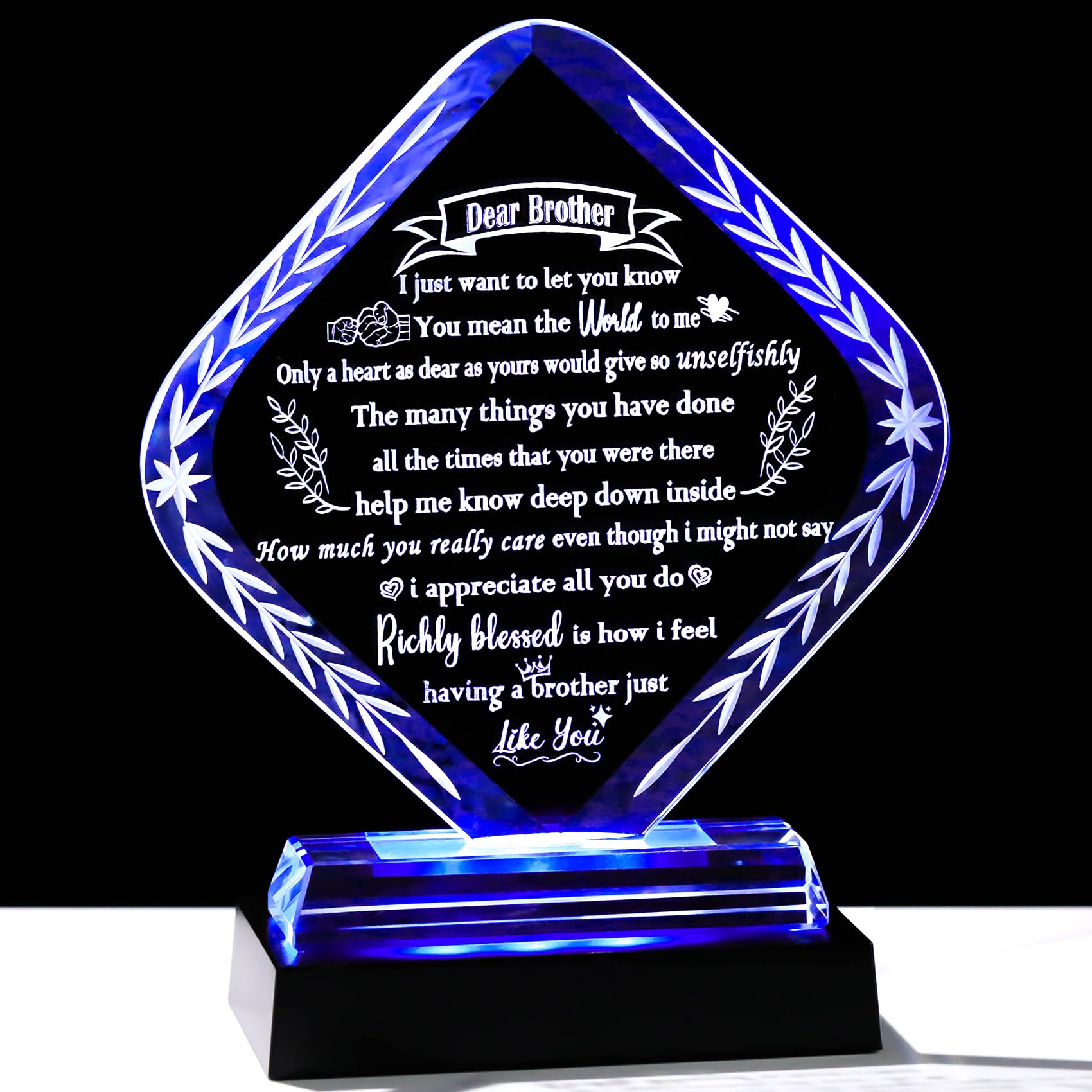 Photo 1 of Meaningful Crystal Gifts for Brother From Brothers Sisters I Love You Personalised Glass Statue Plaque with LED Light Base Presents for Best Brother Birthday Christmas Keepsakes for Him Table Decor