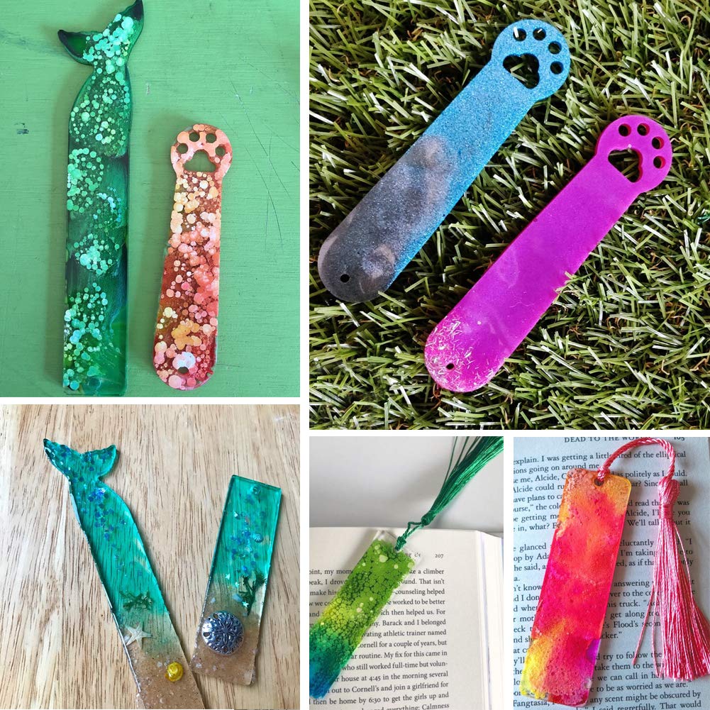 Jatidne 6pcs Resin Moulds Bookmark with Tassels Silicone Bookmark Moulds for Resin Crafting Rectangle, Cat Claw, Cute Bear, Mermaid Tail