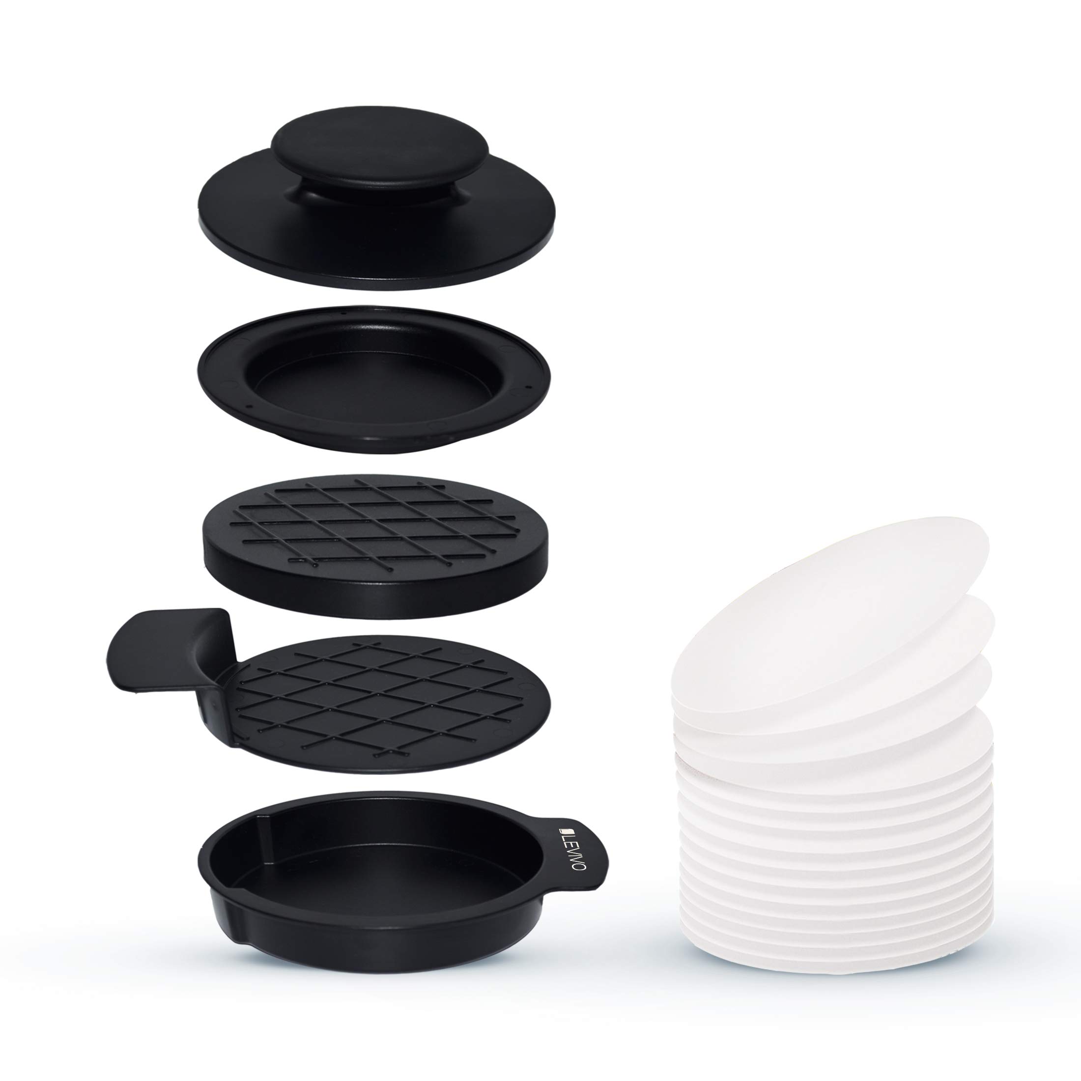 LEVIVO Burger Press Set, 5 Parts, with 50 Sheets of Non-Stick Paper, for Making Stuffed and Non-Stuffed Burger Patties, Extra Thin, Normal Thickness, All Parts Easy to Clean