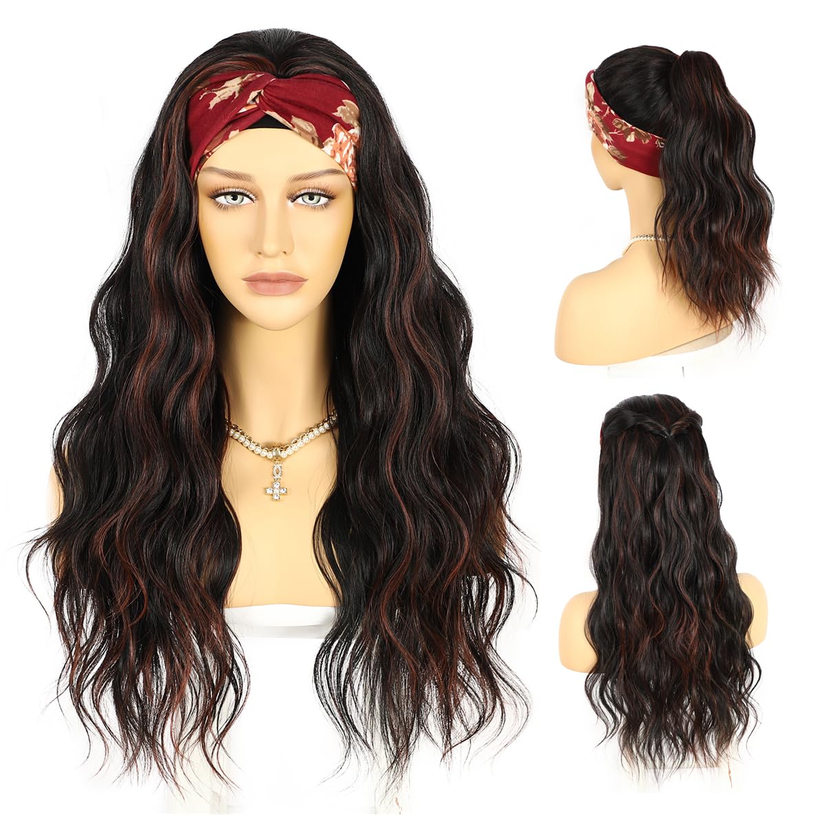 Sapphirewigs Headband Wig Highlight Wavy Synthetic Wigs for Women Black Burgundy Glueless Daily Wear Cosplay Headband Hair 150% Density 26 inch — image 1