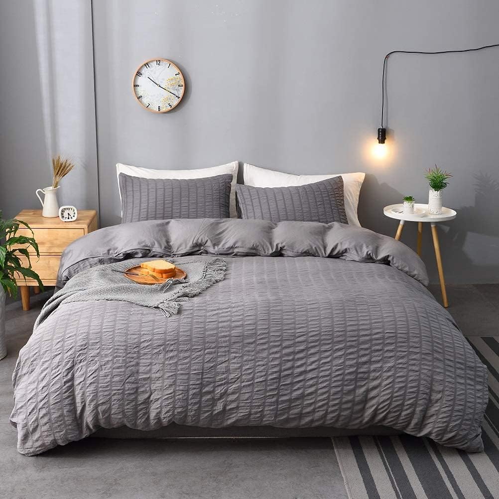 SeventhStitch Seersucker Duvet Cover with Pillow Cases White Waffle Bedding Set 100% Cotton 200 Thread Count Quilt Covers Double King Super King Bed Size (Charcoal, Double)
