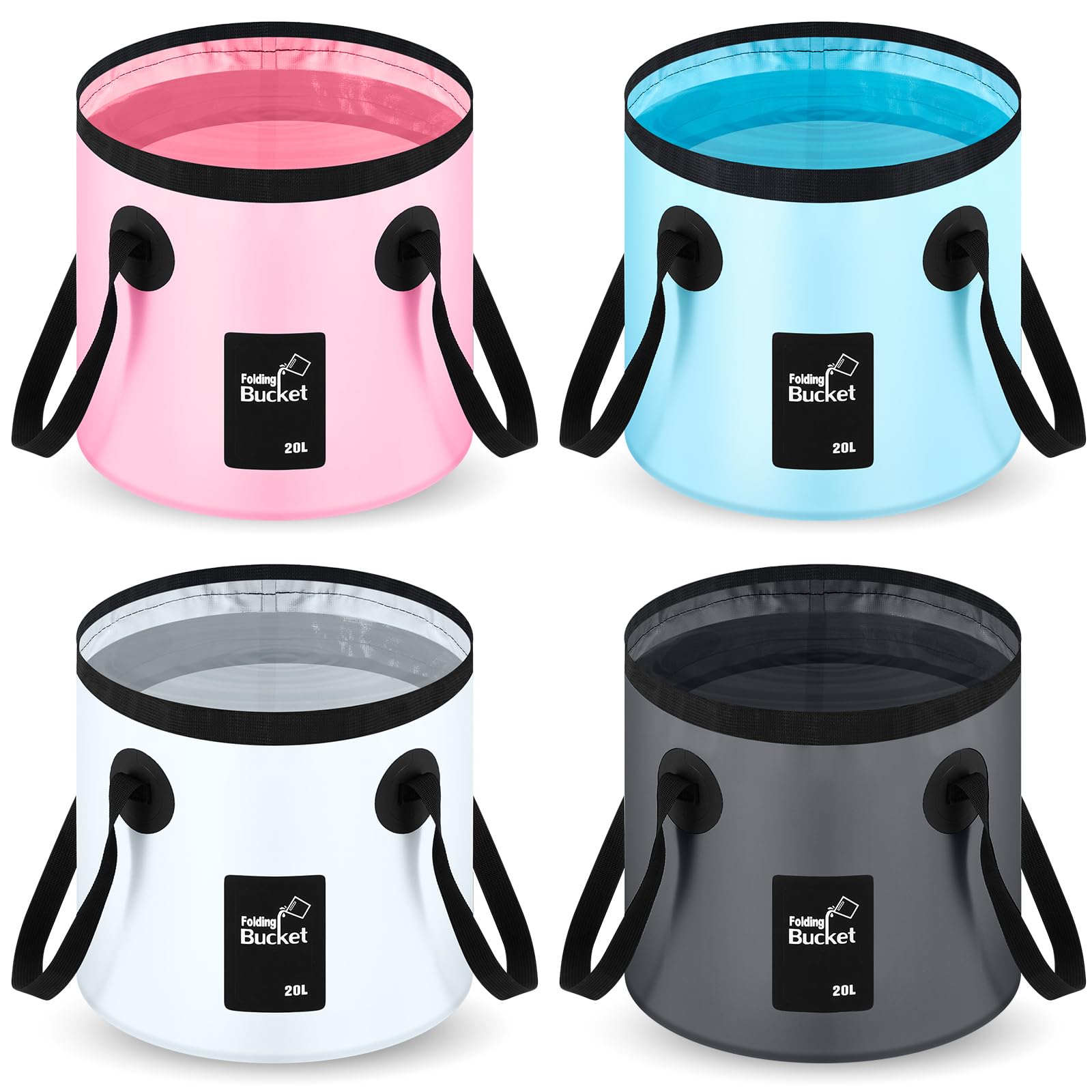 Photo 1 of (BAGGED) (USED/FAIR) Tessco 4 Pcs 20L Collapsible Bucket with Handle 5 Gallon Portable Collapsible Folding Bucket Foldable Water Container for Camping Hiking Fishing Car Washing (Gray, White, Light Blue, Light Pink)
