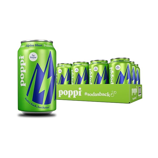 POPPI SPARKLING PREBIOTIC SODA BEVERAGE WITH APPLE CIDER VINEGAR, SELTZER WATER AND FRUIT JUICE, ALPINE BLAST FLAVOR, 12 FL OZ, PACK OF 12, PACKAGING MAY VARY