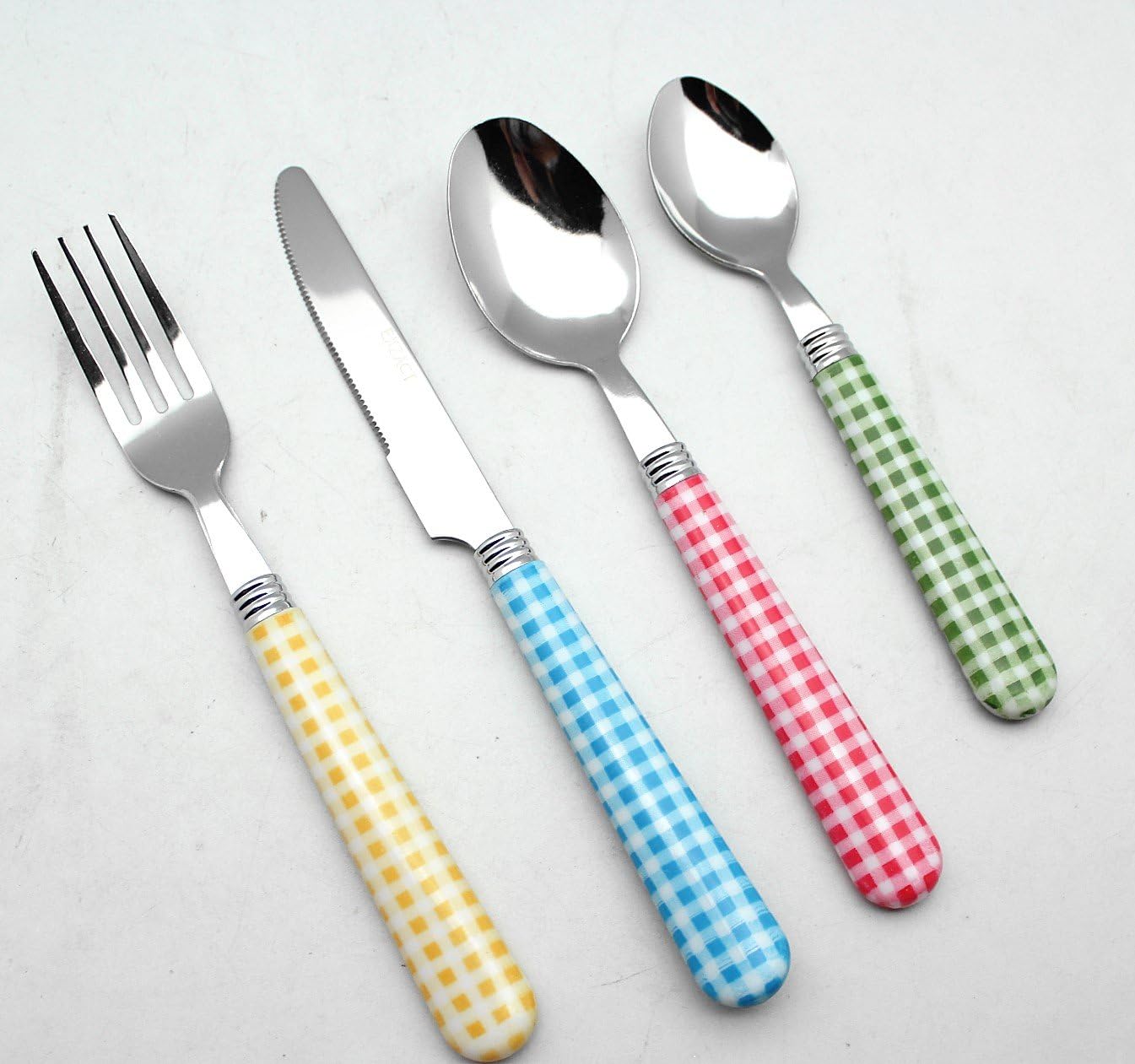 EXZACT Cutlery Set 24pcs Stainless Steel with Gingham Check Coloured Handles, 6 x Forks, 6 x Dinner Knives, 6 x Table Spoons - Image 3