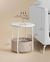 VASAGLE LET223W10 Small Round Coffee Table with Fabric Basket White view 3