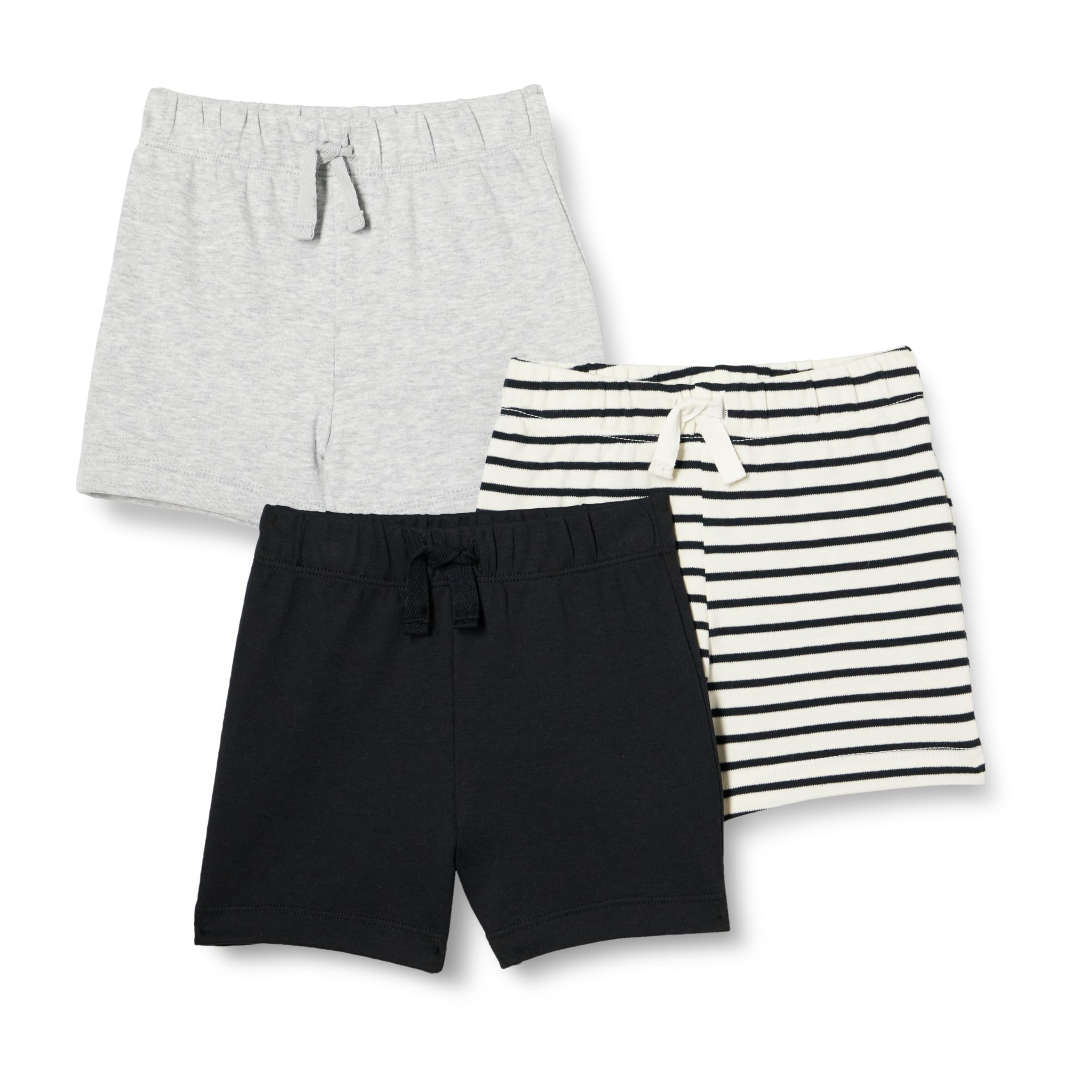 Photo 1 of Amazon Essentials Unisex Babies' Cotton Pull-On Shorts, Pack of 3, Black/Light Grey Heather/Stripe, 12 Months
