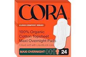 Cora 100% Organic Cotton Topsheet Maxi Pads | Maxi Period Pads with Wings | Maxi Overnight Absorbency | Unscented, Comfortable, Powerfully Absorbent, Leak Protection (24 Count)