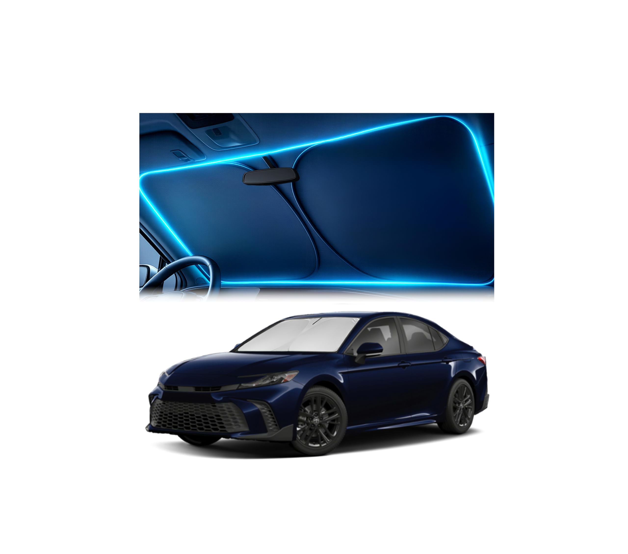 Photo 1 of Windshield Sun Shade for Toyota Camry 2025-2026 LE/XLE/SE/XSE/Hybrid – Custom Fit Sun Shield with Mirror Cut?Out, Blocks Heat & UV, Foldable with Storage Pouch - Toyota Camry Windshield Sunshade