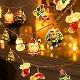 LOLStar Christmas Fairy String Lights, 20 LED Xmas Warm White Lights Hanging Decors with Santa Claus Wreath Tree Snowman Candy Cane Hat Stockings Battery Operated Indoor Window Lights for Party Home