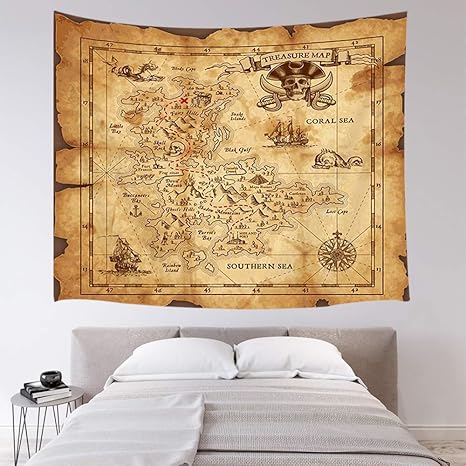 Amazon Co Jp Bigleader 島の地図のタペストリー 古い海賊の宝の地図の航海の壁掛け家の壁の装飾 150cm X 150cm Home Kitchen