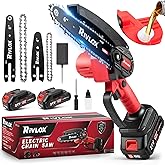 Rivlox Mini Chainsaw,6 & 4 inch Electric Chainsaws Cordless Battery Powered, One-Hand Portable Handheld Saw for Trees Trimming Wood Cutting,Chain Saw Gift for Men Dad Husband Women (Red-2 Battery)