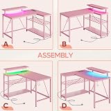 Bestier 106.5CM L shaped Desk with Power Outlets LED Lights Pink view 8