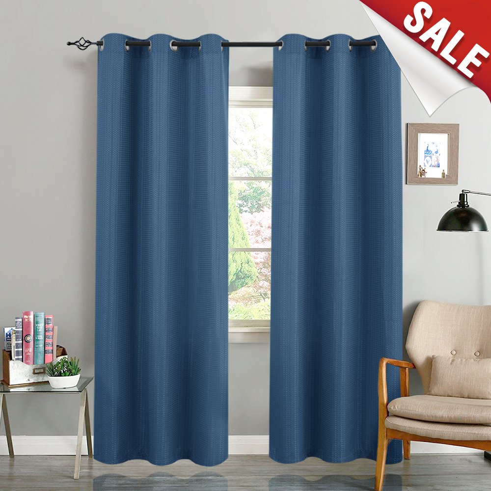 Curtains For Living Room 95 Inches Long Privacy Waffle Weave Textured Bedroom Window Curtain Panels Grommet Top Navy Blue 1 Pair