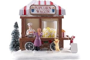 Christmas Village Houses, Farmhouse Musical LED Lighted Christmas House Decor, Resin Christmas Popcorn Wagon Shop Figurines C