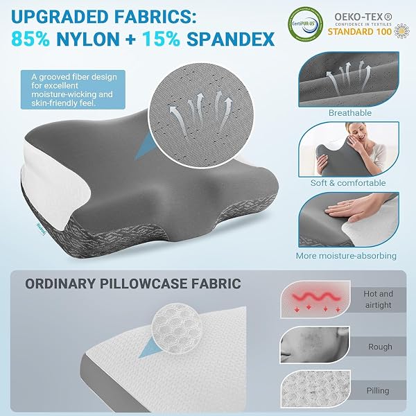 ELVIROS CERVICAL NECK PILLOW FOR NECK PAIN RELIEF, CPAP PILLOW FOR SIDE, BACK & STOMACH SLEEPERS, ERGONOMIC ORTHOPEDIC PILLOW FOR CPAP USERS TO REDUCE AIR LEAKS AND MASK PRESSURE, DARK GREY