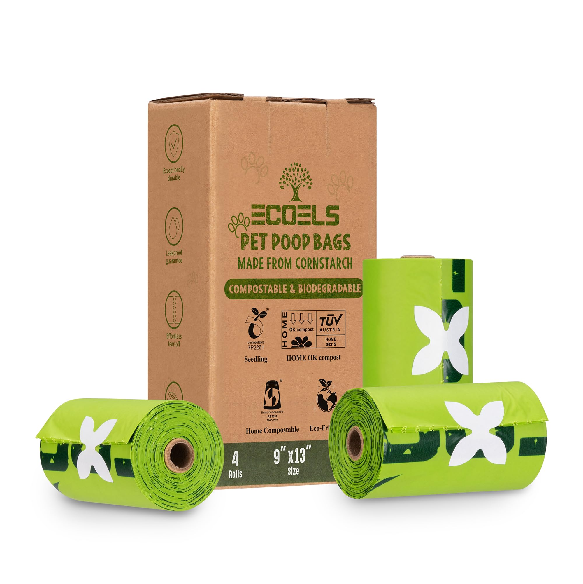 ECOELS Travel Pack 4 Rolls 60 Dog Poo Bags |100% Compostable & Biodegradable Dog Poop Bags |Extra Large, Strong & Leakproof Poop Bags | Cornstarch-Made| Certified-OK COMPOST HOME, EN13432, US ASTM BPI