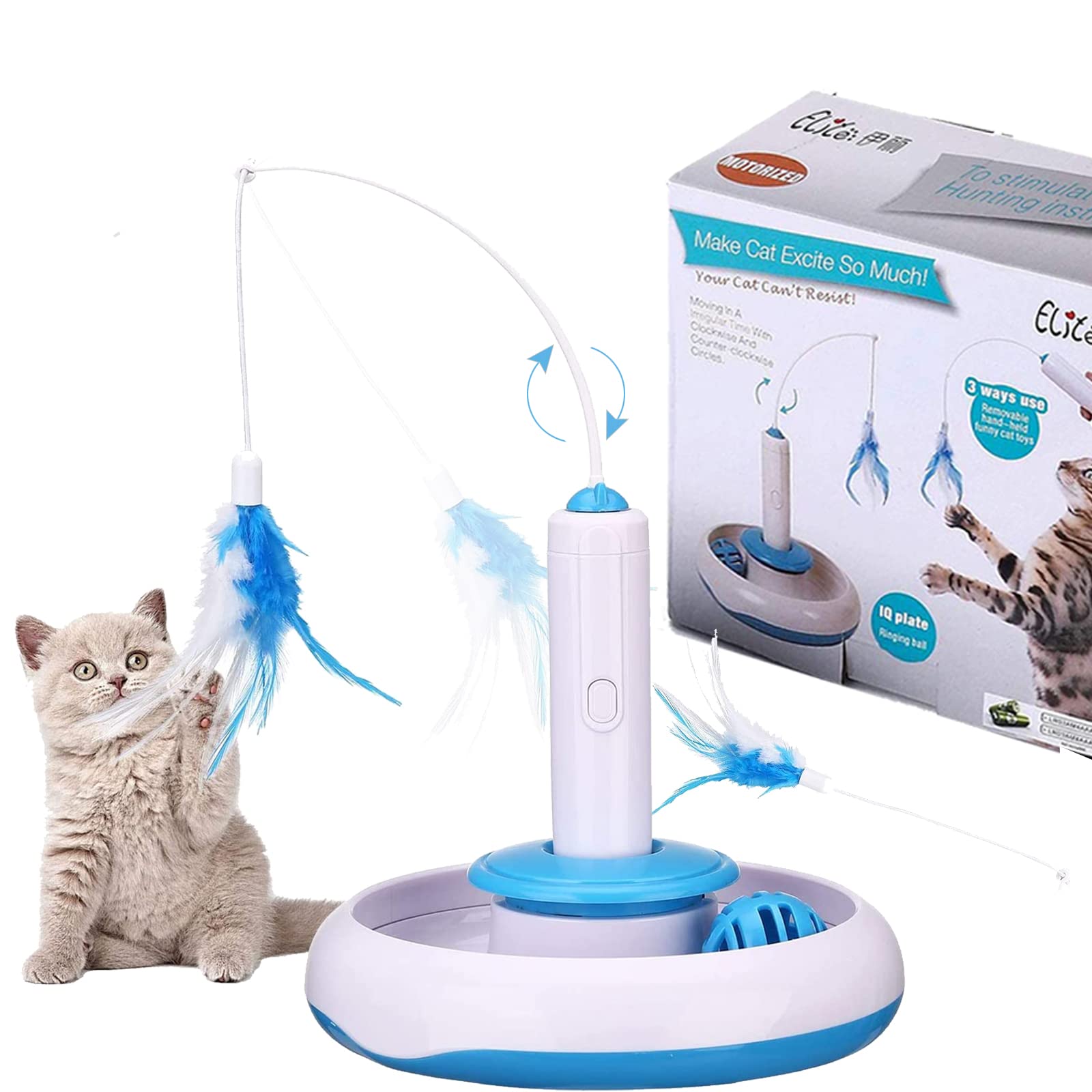 PETTOM Interactive Cat Toy Indoor Toy with 360° Rotating Feather Toys and Ringtone Bell Ball Intelligence Toy Game Pen (Including Replacement Nib)