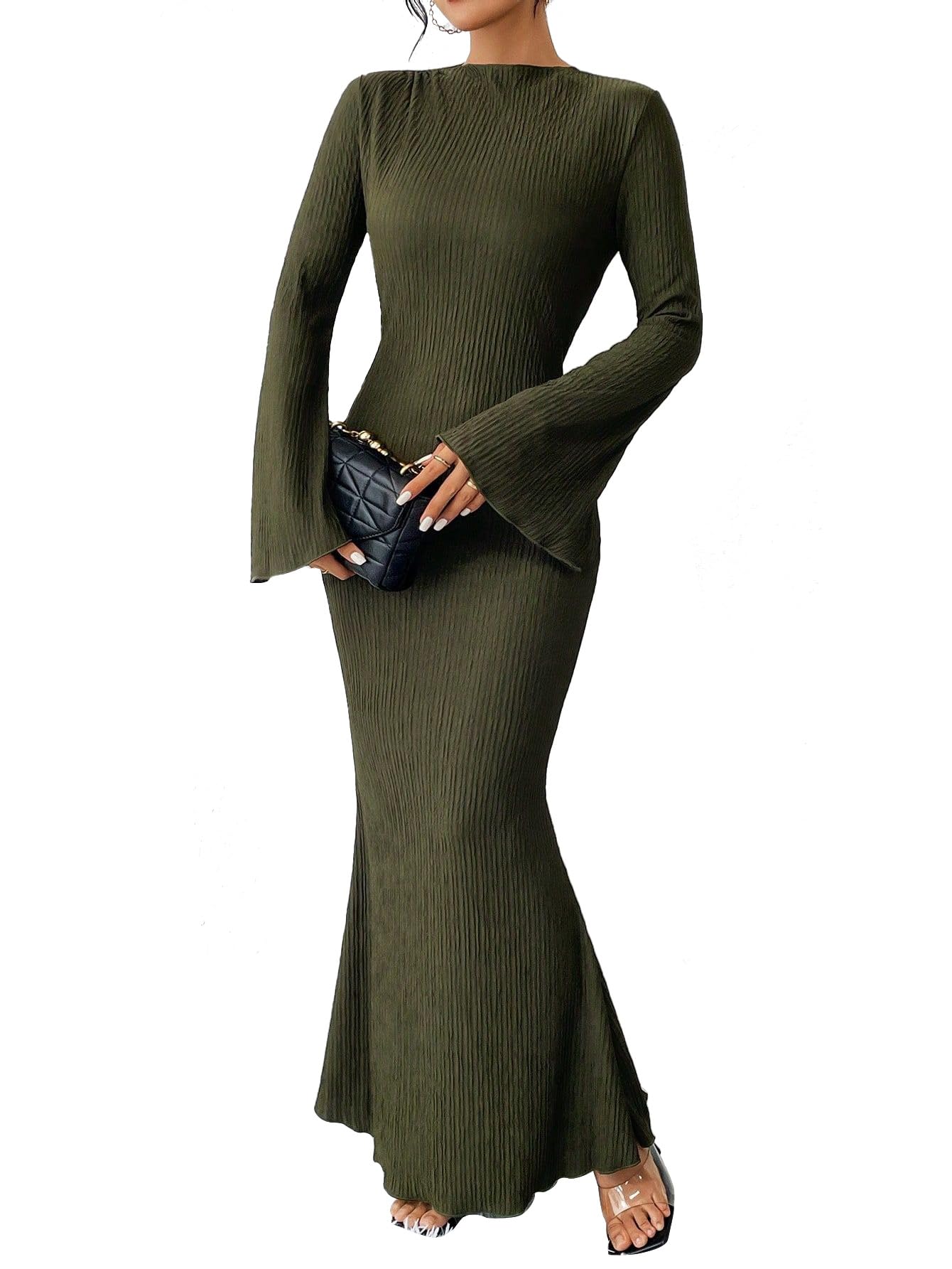 Photo 1 of Narecte Fall Dresses for Women 2025 Maxi Dresses Solid Color Boho Formal Dress Flare Sleeve Bodycon Dress Dark Green M