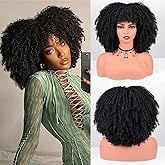 Vitorish Afro Curly Wig with Bangs 12 Inches Synthetic Afro Wig for Women about 280g/Pcs Heat Resistant Black Short Kinky Cur