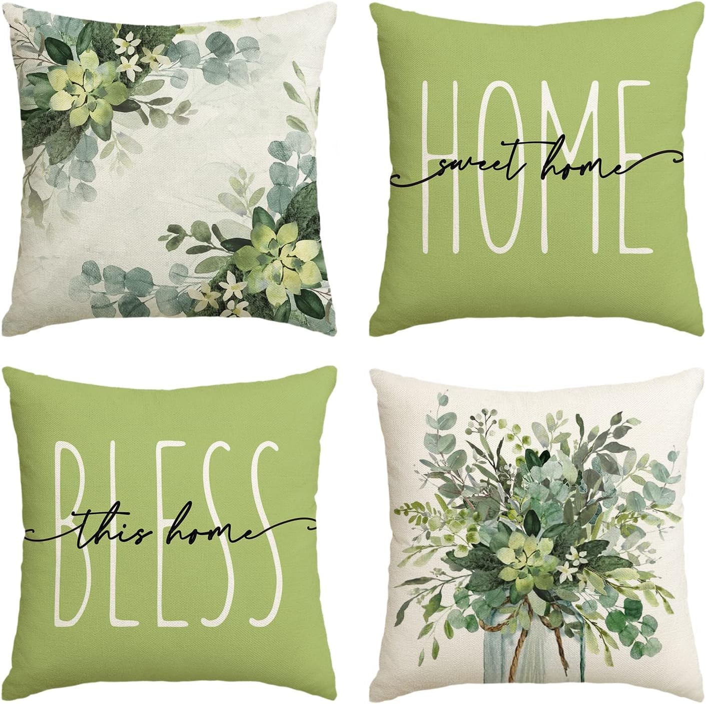 BAOKU Decorative Cushion Cover, 45 x 45 cm Set of 4 light green gray Floral Pattern Linen Pillowcase 18 x 18 inches for Sofa Couch Bed Home Garden Outdoor Spring Decor