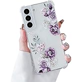 DEFBSC Soft Case Compatible with Samsung Galaxy S22 Plus, Clear Floral Flower Pattern Print Design Flexible TPU Shockproof Cover for Women Girls,Flower Protective Phone Case,Purple Peony