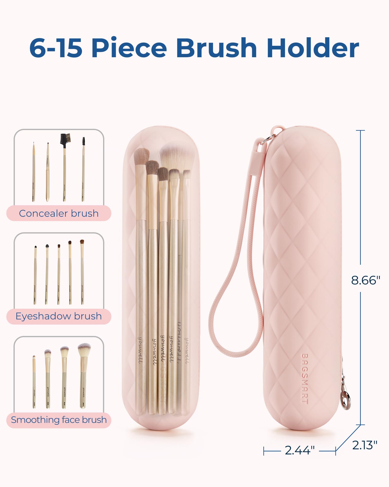 BAGSMART Makeup Brush Holder Bag, Travel Small Makeup Bag for Purse, Make Up Brush Bag Case Cosmetic Bag, Silicone Soft Portable Face Brushes Travel Essentials Organizer Holder, Pink