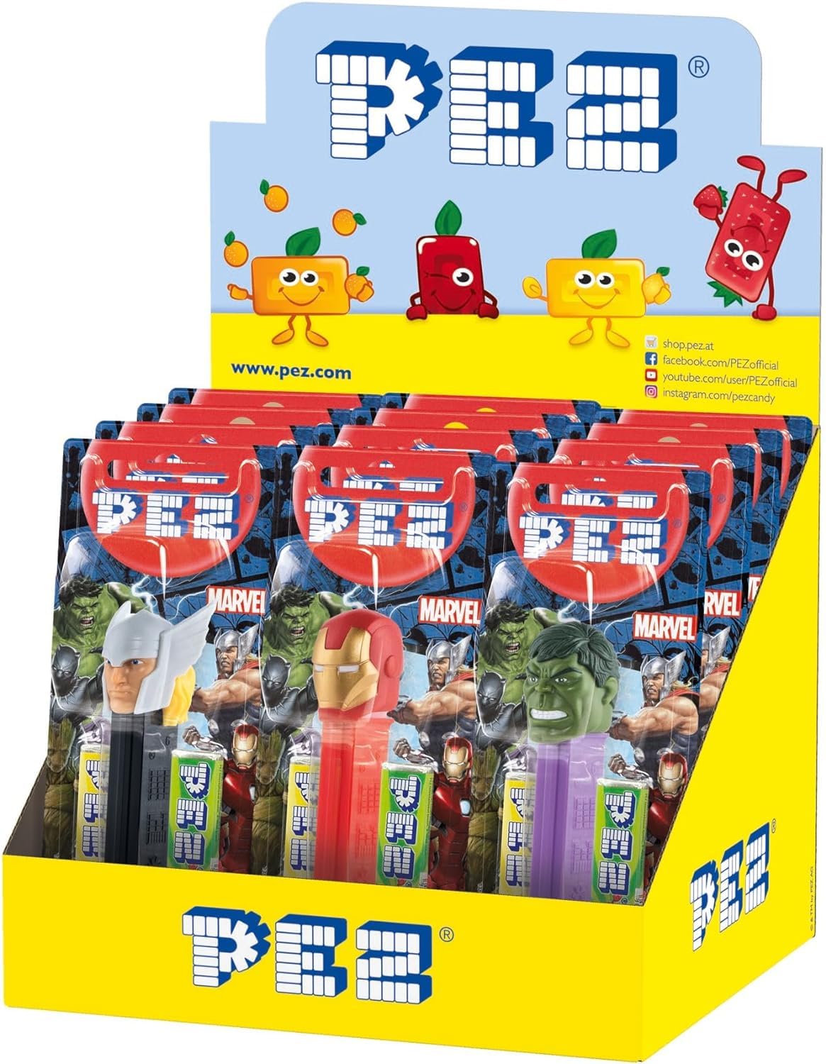 PEZ Marvel Character Sweet Dispensers, Lemon & Apple Flavoured, Multipack of 12 (2 x Refill Pack Per Dispenser)
