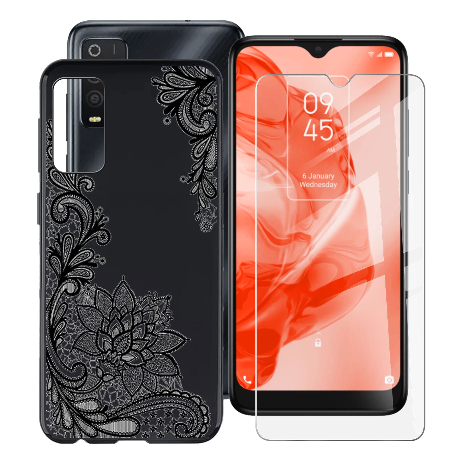 ZXLZKQ WM108 for TCL 205 (6.22 Inches) Case + Tempered Glass Soft TPU Silicone Case Cover Bumper Case and HD Tempered Anti-Scratch Screen Protector