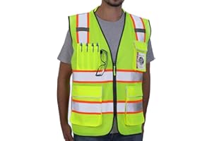 Neopelta Reflective Safety Vest Yellow Mesh, High Visibility Vest with Pockets and Zipper, Padded Neck, Construction Work Vest ANSI Class 2, Yellow with Orange Trim M