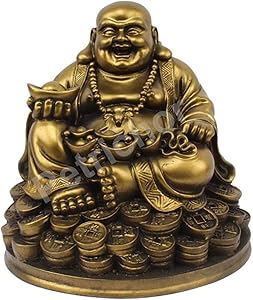 Petrichor Handmade Laughing Buddha Sitting on Lucky Money Coins Carrying Golden Ingot for Feng Shui Good Luck & Happiness (5 inch)
