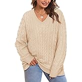 CARCOS Plus Size Sweaters for Curvy Women Long Sleeve Cable V Neck Sweater Knit Pullover Preppy Style Fall Winter XL-5XL