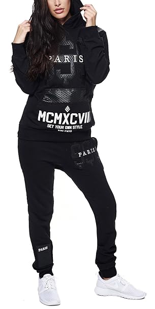 Violento Damen Jogginganzug Jogging Hose Jacke Paris Dollar Sportanzug Sporthose Fitness Hoodie