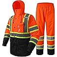 JKSafety Hi-Vis Reflective Safety Rain Jacket and Pants for Men Women Waterproof Rain Gears for Farming Fishing Work HV Rain Suit with Inner Mesh Lining and Pockets (117-Orange L)