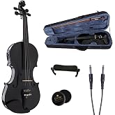 Cecilio 4/4 Full Size Acoustic &amp; Electric Violin for Beginners &amp; Professionals, Hand-Carved Solid Spruce Top, Ebony Fine Tuners, Full Set with Case, Bow, Rosin &amp; AUX Cable (Metallic Black)