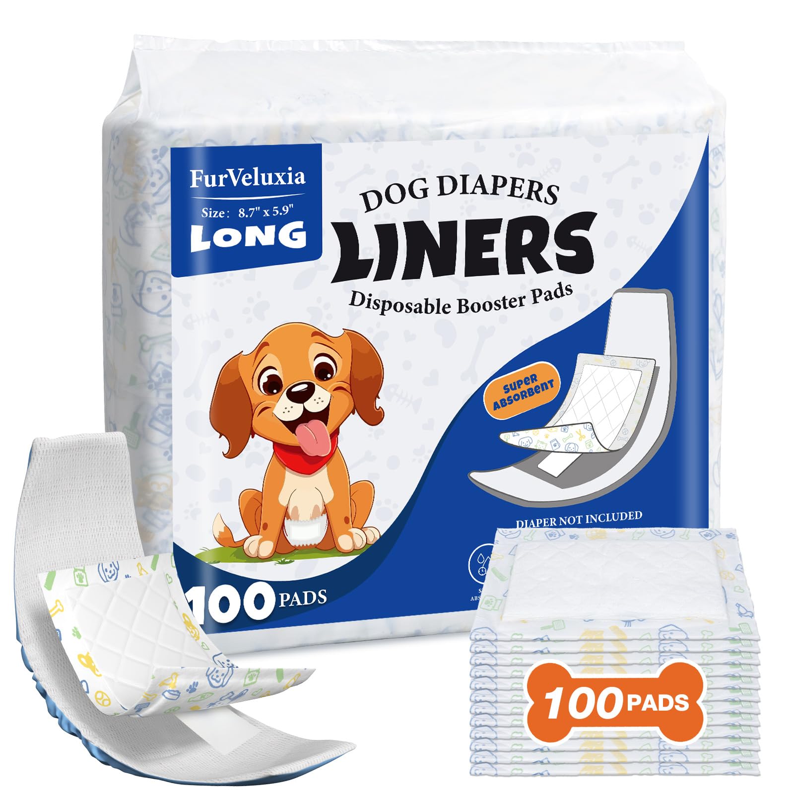 Photo 1 of FurVeluxia Dog Diaper Liners for Male and Female Dogs(100ct), Super Absorbent Disposable Dog Diaper Booster Pads Inserts fit Most Reusable and Washable Pet Belly Band, Wraps
