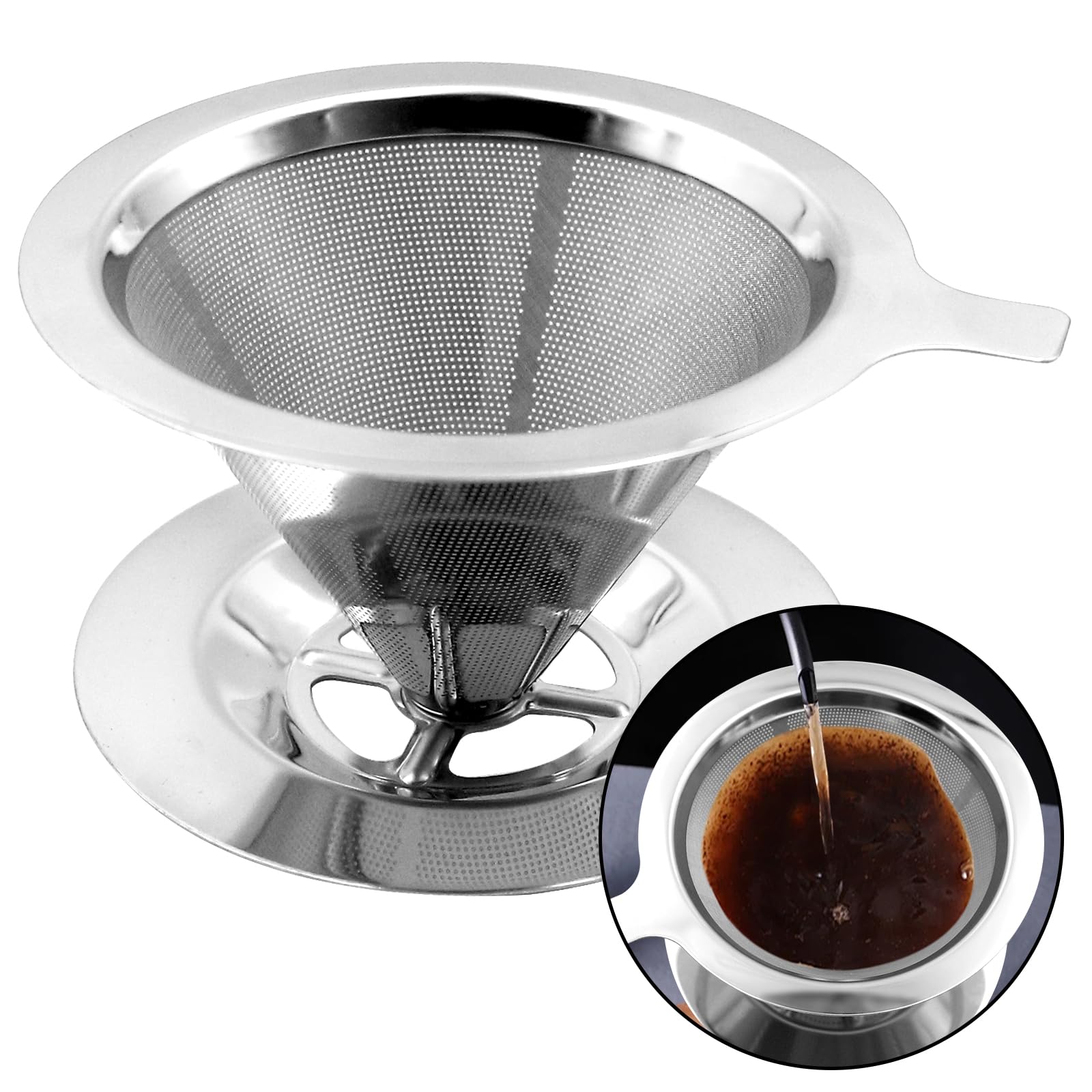 Pour Over Coffee Filter - Stainless Steel Reusable Dripper for Manual Production and Preparation - Easy to Clean